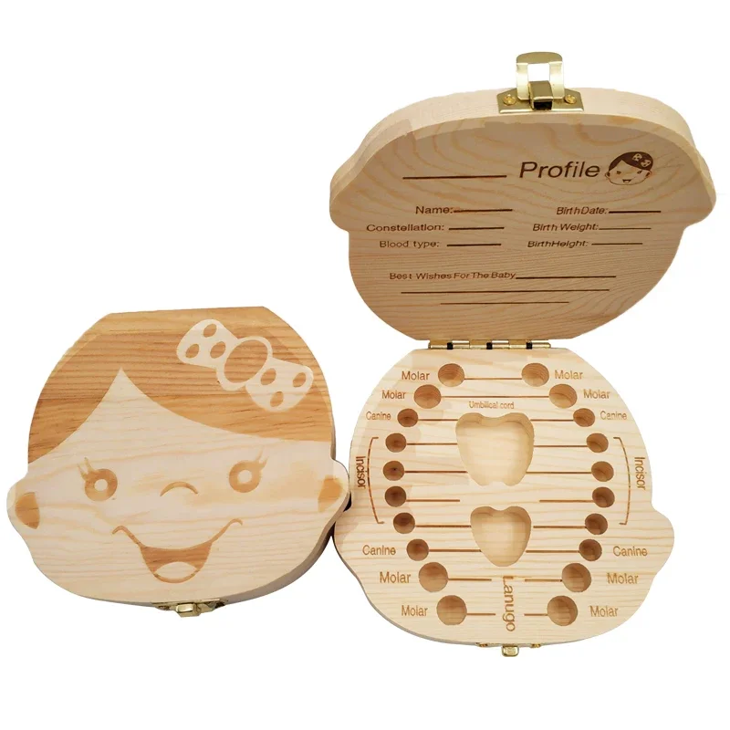 vvocci Baby Souvenirs Baby Tooth Box Organizer Storage Gifts Keepsakes Spanish/Dutch/French/German Wooden Kids Milk Teeth