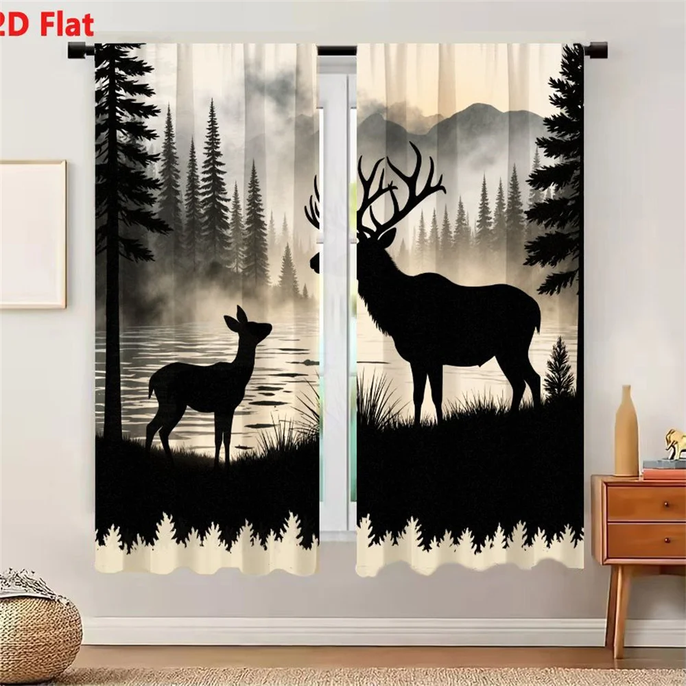 2Pcs Curtains 2D Flat Black Silhouette Deer Stag by Water Lake River with Forest Misty Mountains at Dawn Dusk Calm Wilderness La