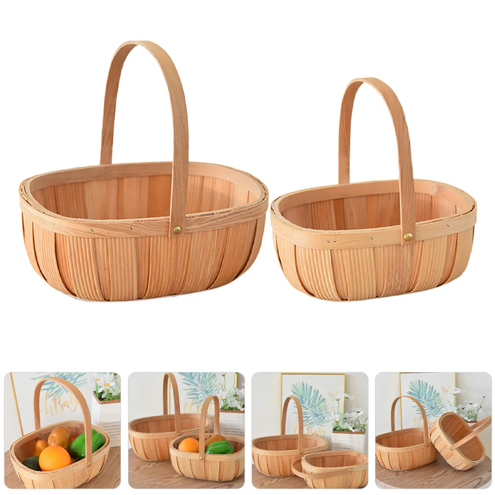 

2pcs Fruit Large Capacity Storage Multifunctional Vegetable Basket for Picnic Kitchen Home Use Wicker Wood Market Bathroom