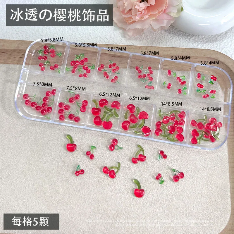 12グリッド/ボックス 60個入り 3Dアクリルフルーツネイルアート チェリー ストロベリー チャーム アクセサリー ネイルデコレーション マニキュアデコ用品