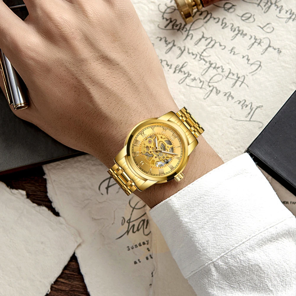 T-WINNER Fashion Casual Men's Luxury Watches Skeleton Automatic Mechanical Luminous Pointers Stainless Steel Sport Wristwatches