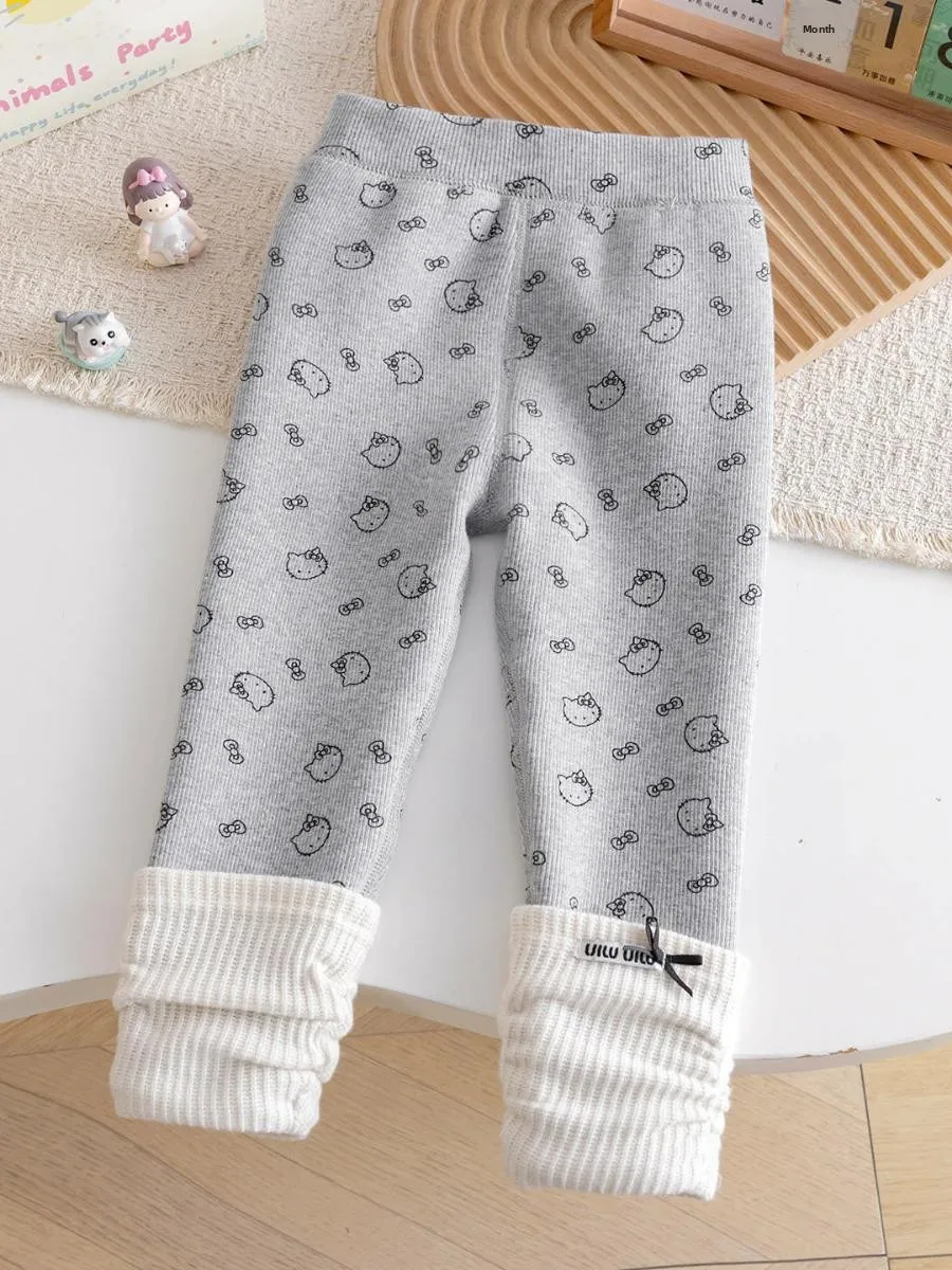 Mädchen Fleece-Gefütterte KT-Druck Cartoon-Strumpfhosen Warme Hosen Kindergarten Kinder Winter Niedliche Sos Bootshosen