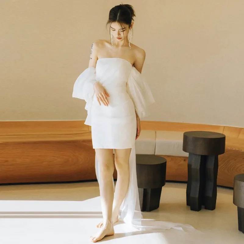 GIYSILE カスタマイズされたファッションセクシーなライトウェディングドレスショートスーパーフェアリーホワイトドレスチューブトップワンショルダーオーガンザパーティースカート