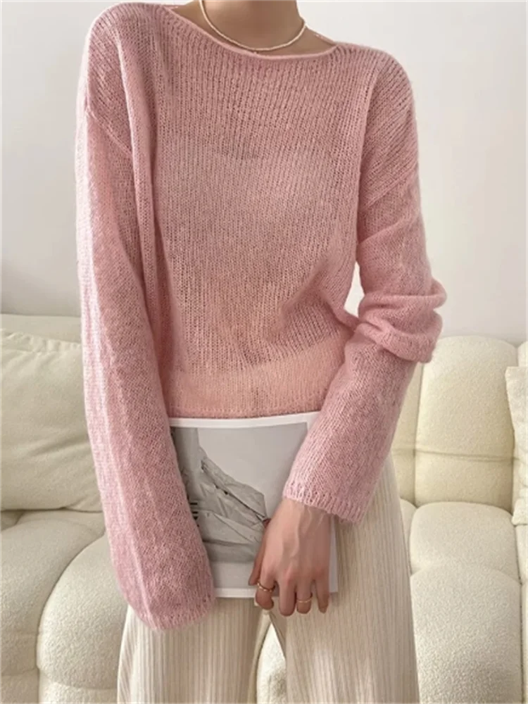 

Thin Beige Big Size Knitting Sweater Round Neck Long Sleeve Women Pullovers New Fashion Tide Spring Summer 2025