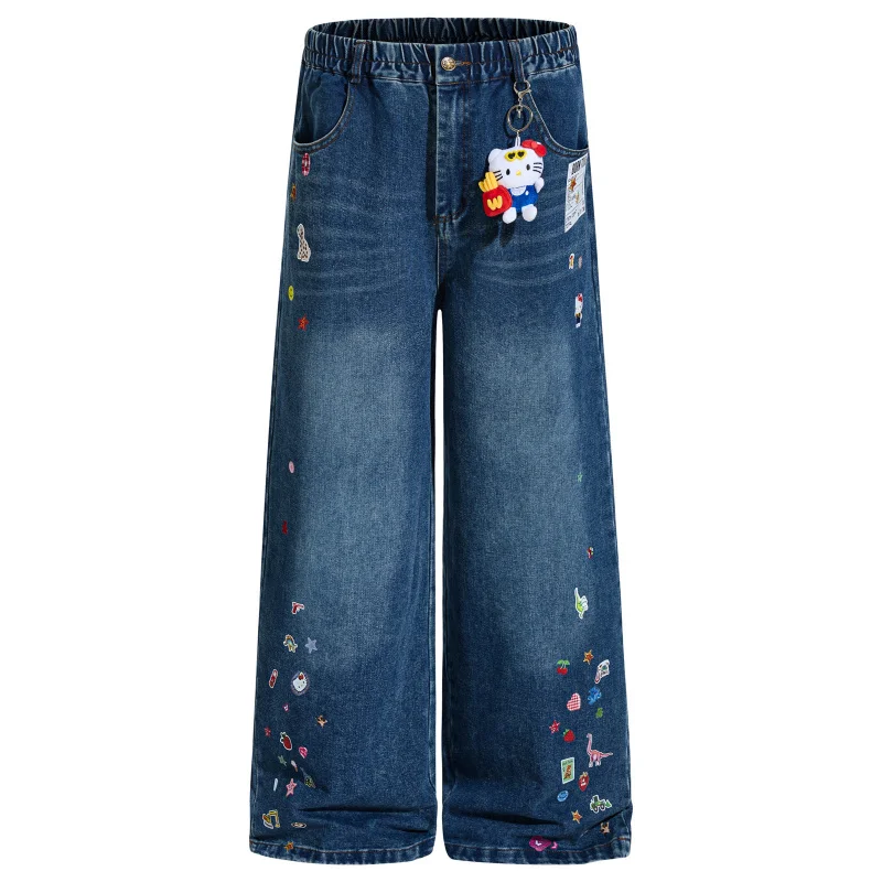 

DAVIDSHAO EU US Size Top Quality Street Outdoor Wear Luxury Retro Washed Fun Cartoon Print Straight Jeans Wide Leg Pants
