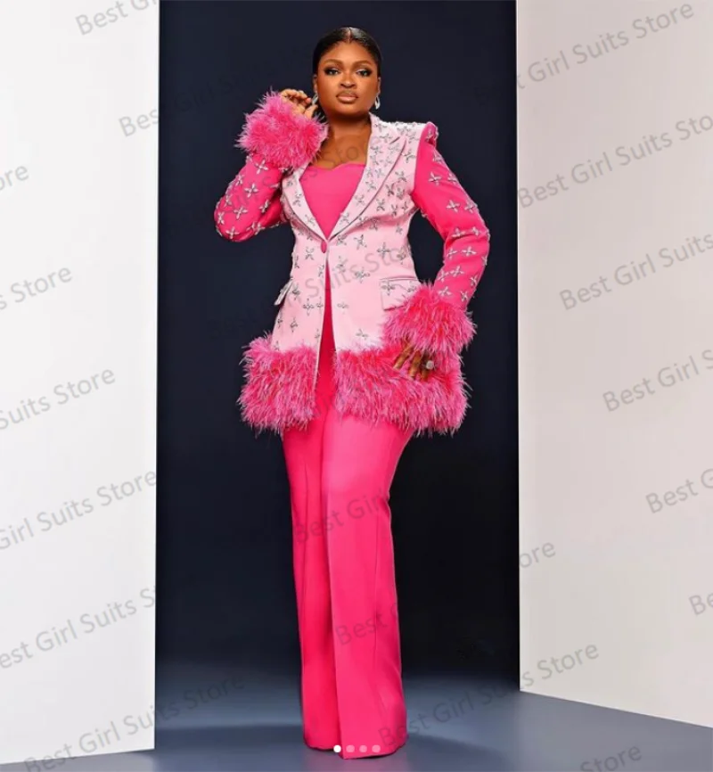 

Ostrich Feather Crystals Women Suit Pants Set Blazer+Trousers 2 Pieces Pink Formal Wedding Prom Dress Custom Made Formal Jacket