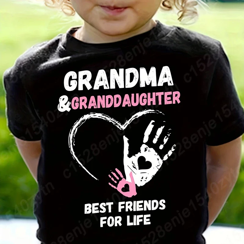 

Grandma & Grandaughter & Hand Palm Print T-shirts, Girls Casual Shoer Sleeves Crew Neck Tee Tops For Summer