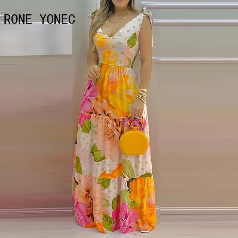 Women Elegant Dress Floral Print Sleeveless V-Neck Maxi Dress Summer Vacation Dress 2021