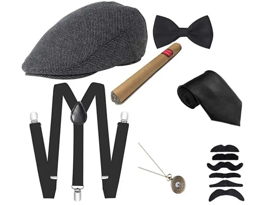 Men's 1920s 20s Gatsby Costume Accessories Set - Gangster Party Props including Beret Cigar Suspender Pocket Watch