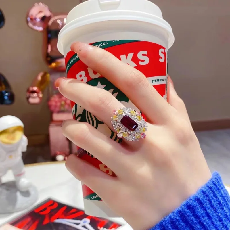 S925 silver high-end color gemstone red pigeon blood gemstone ring for women, open finger ring, versatile party jewelry
