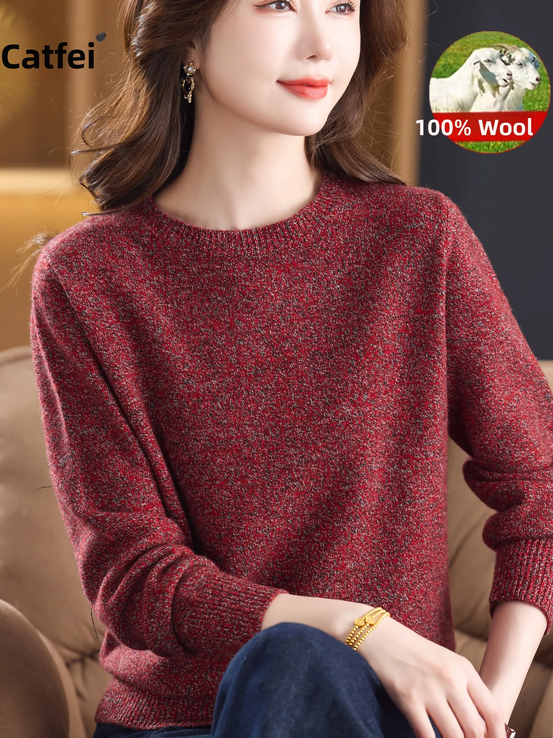 

Осенне-зимний женский круглый вязаный свитер 00, свободный тонкий свитер из чистой шерсти для мамы, модный базовый слой irt