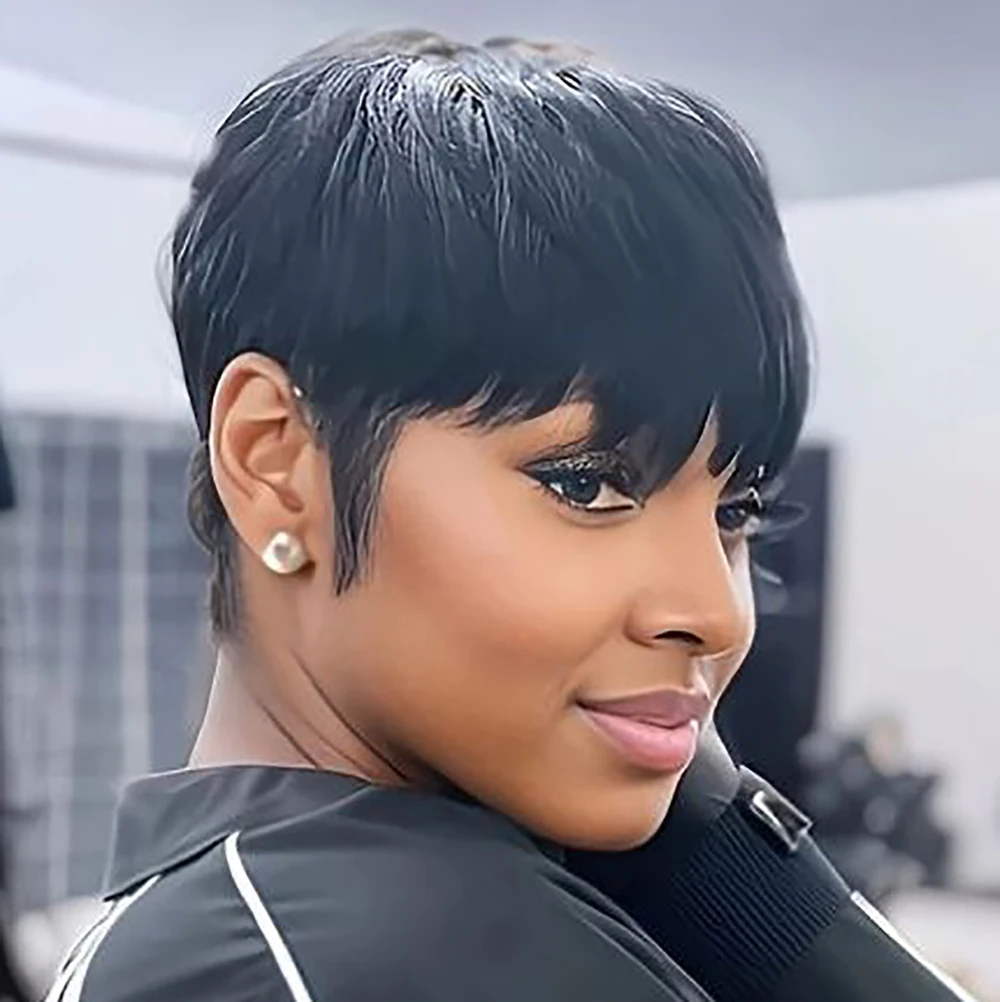 ショートストレート人毛ウィッグ ピクシーカット ブラジル人毛 100%人毛ウィッグ 前髪付き 機械製 生え際処理済み すぐに着用可能