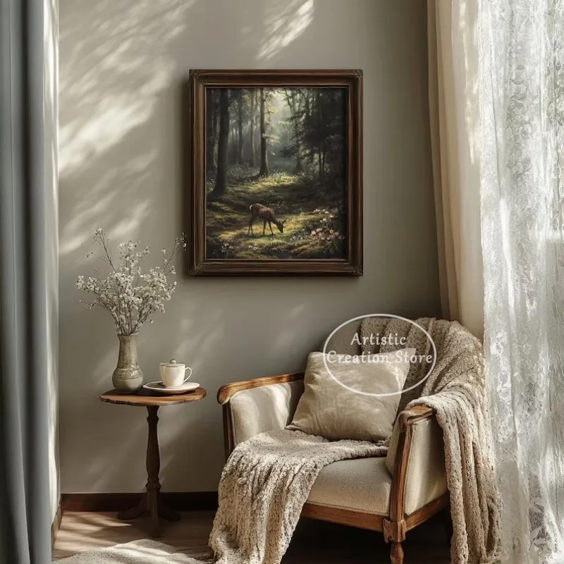 Vintage Boho Dark Forest Realm Fantasy Animals Deer Jackalope Owl Hedgehog Poster Canvas Painting Wall Art Pictures Home Decor