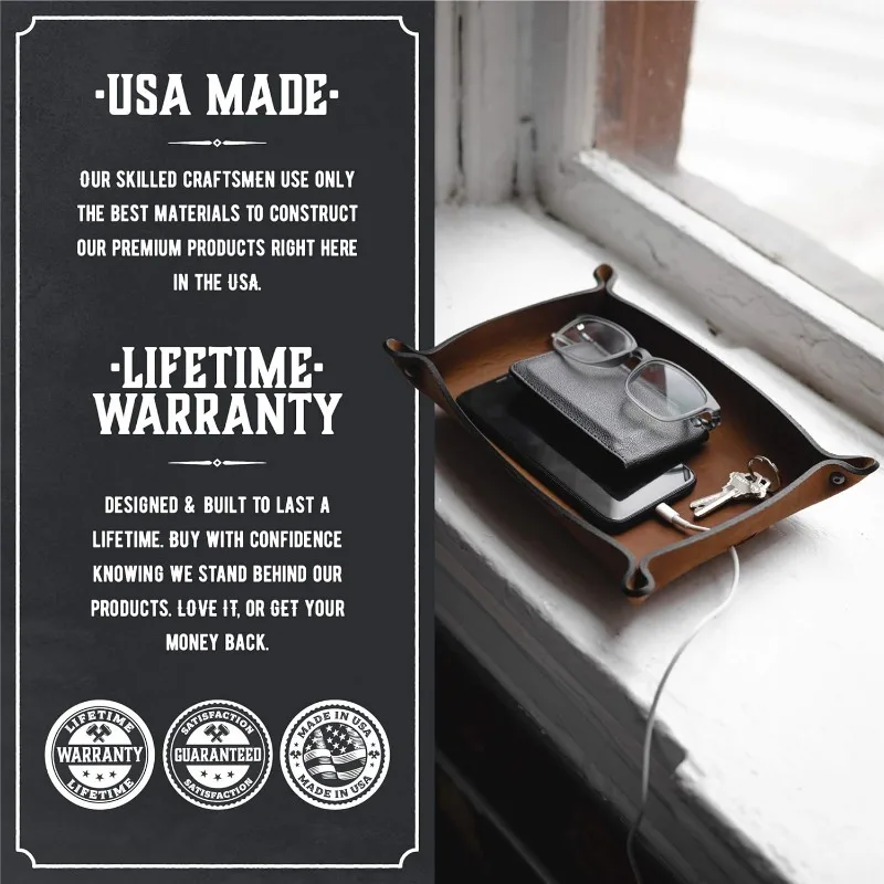 ถาดหนัง Valet สําหรับผู้ชาย |   ผลิตในสหรัฐอเมริกา |   ถาดถ่ายโอน EDC สําหรับกุญแจ โทรศัพท์ กระเป๋าสตางค์ |   จับถาดกุญแจทั้งหมด