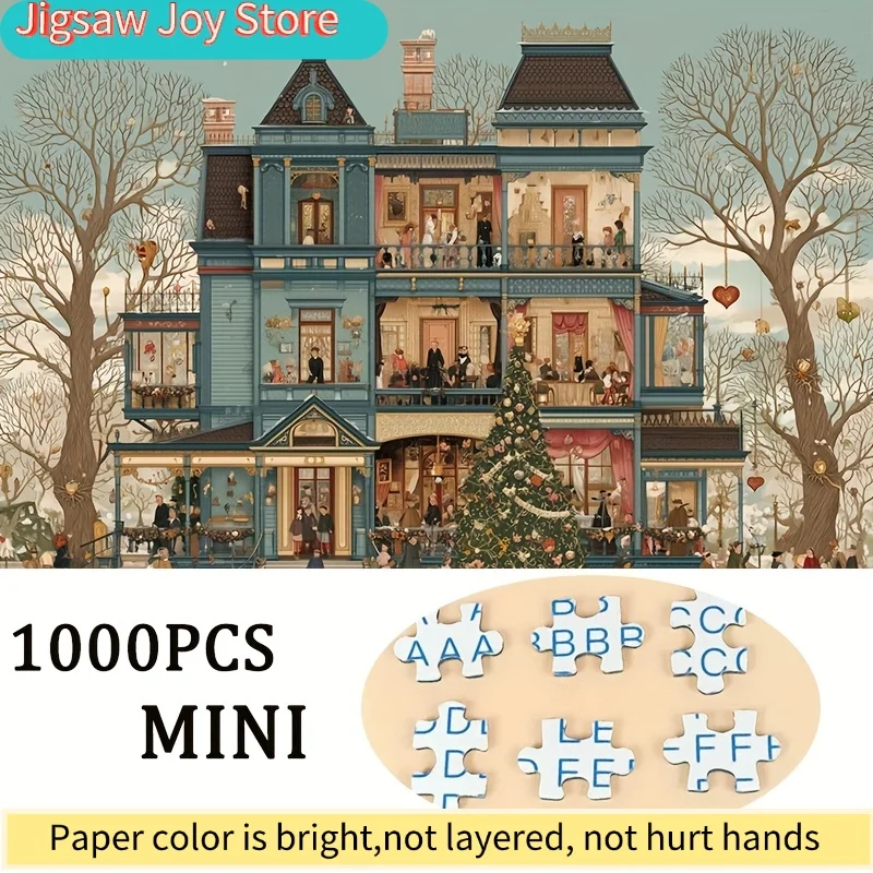 1 boîte de mini puzzles en papier pour adultes : « Maison de Noël de style victorien » ou jeux et activités de fête adaptés aux jeux de société et aux événements festifs