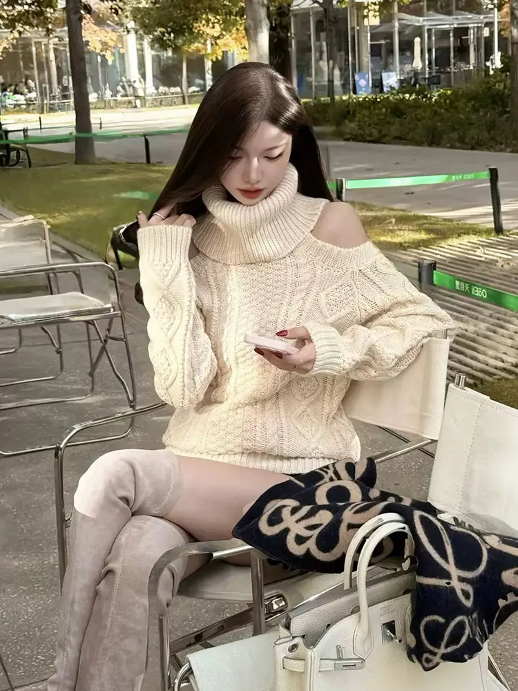 

Pure Desire сексуальный вязаный свитер с высоким воротником и полосками для девочек, женский осенне-зимний ленивый элитный кружевной длинный топ све