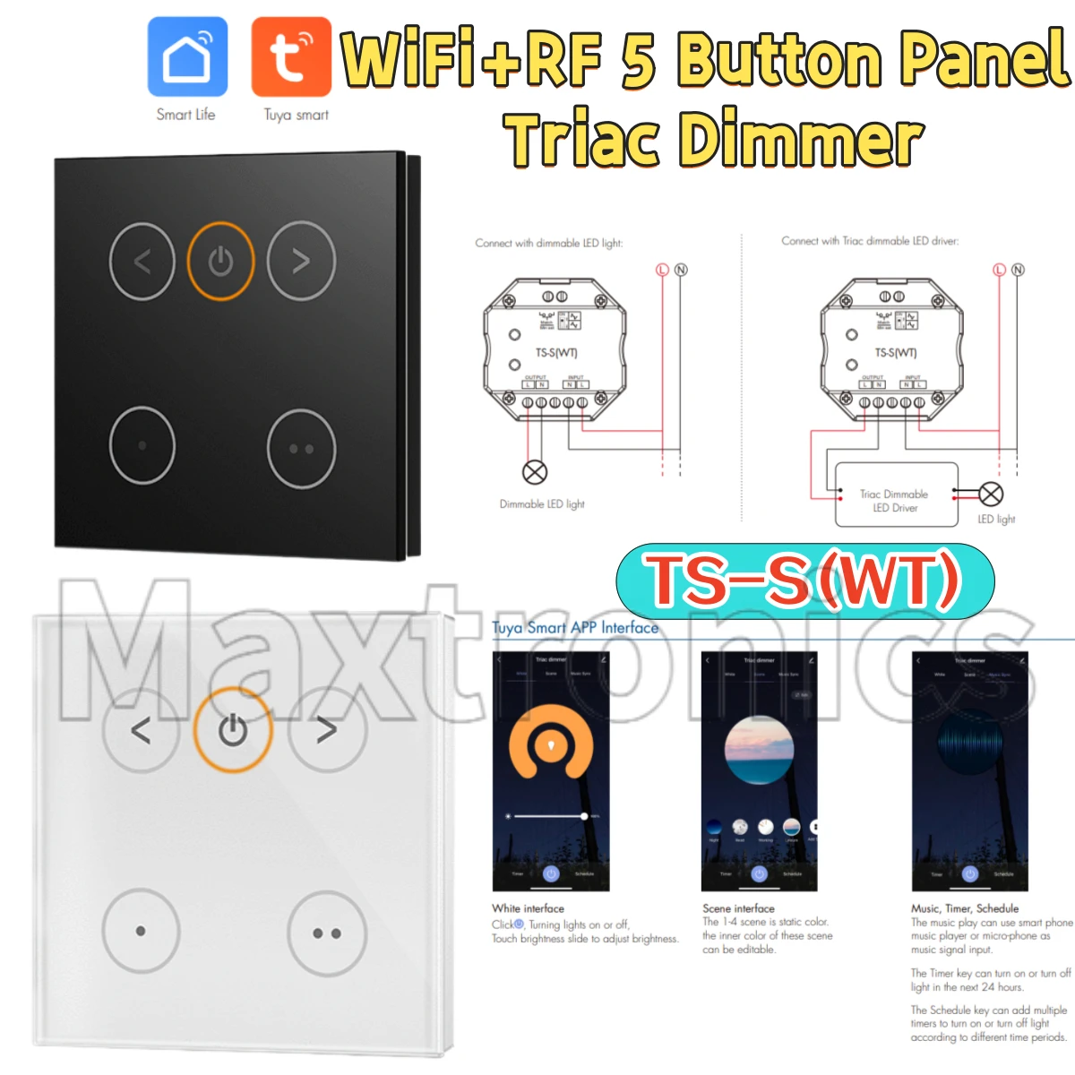 Skydance TS-S(WT) 5 Touch Button Panel Triac Dimmer Tuya WiFi+RF Smart APP Cloud Control 100-240VAC for Dimmable LED Light/Lamp