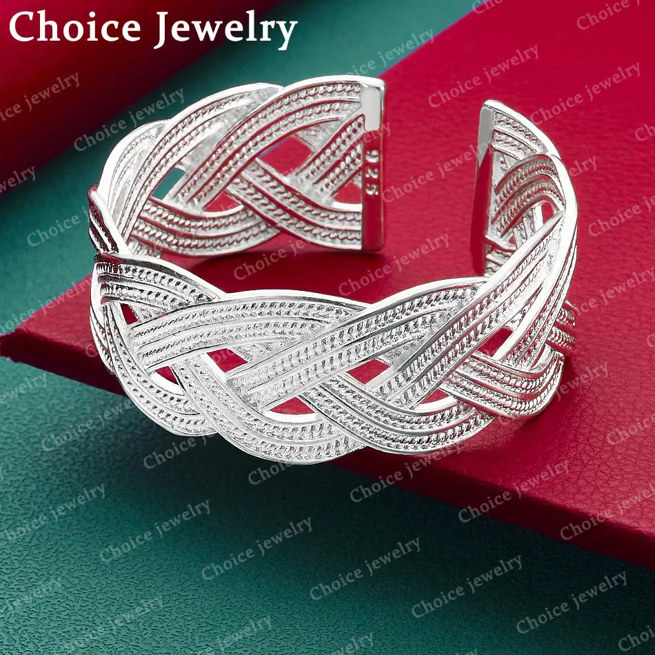 Geflochtenes Armband aus 925er-Sterlingsilber, offenes Armband für Damen, Modeschmuck, klassisch, schlicht, Party-Accessoires, Geburtstagsgeschenk