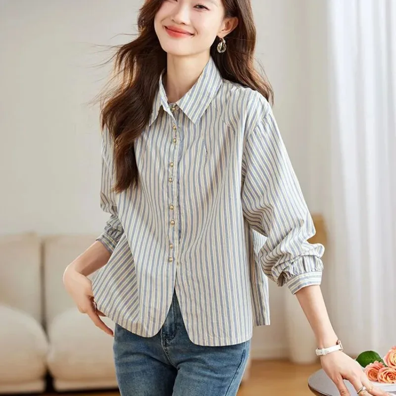 Women Korean Style Blue Beige Striped Cotton Shirts Pearl Buttons Loose Long Sleeve Blouse Casual Daily All-match Commuter Tops