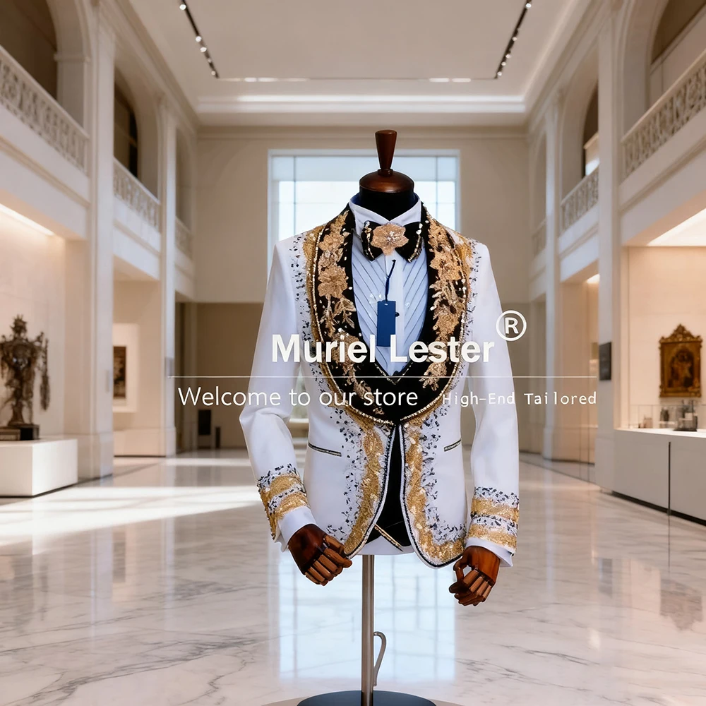 

Gold Beaded Suits Men 3 Pieces Sets Italian Design Embroidered Beaded Lapel Prom Blazers Customized Man Banquet Party Tuxedos