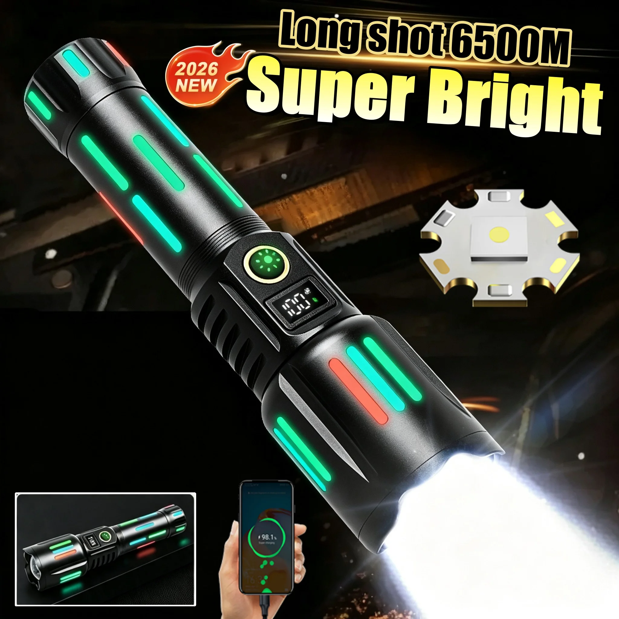 2026 NEW Super Bright LED Flashlight Long Shot 6500M Tactical Torch USB Rechargeable Flashlight for Camping Hunting Emergency