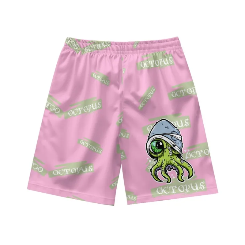 One eyed octopus pattern letter print casual personality loose and fashionable summer men's drawstring sports shorts light pink