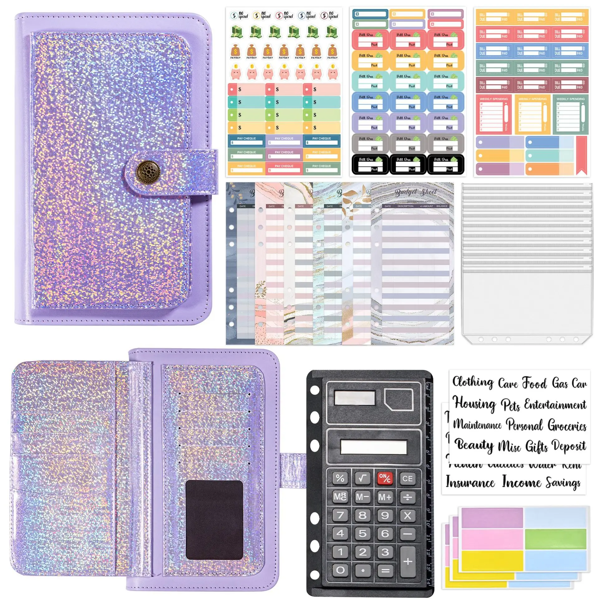 

A6 Glitter Zip Bag With Calculator 10Pcs Zipper Envelopes Cash Envelopes For Budgeting Money Organizer For Budget Binder