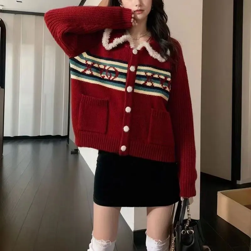 Vintage Striped Knitted Cardigan Autumn Winter Christmas Stylish Pockets Spliced Women's Clothing Loose Single-breasted Sweaters