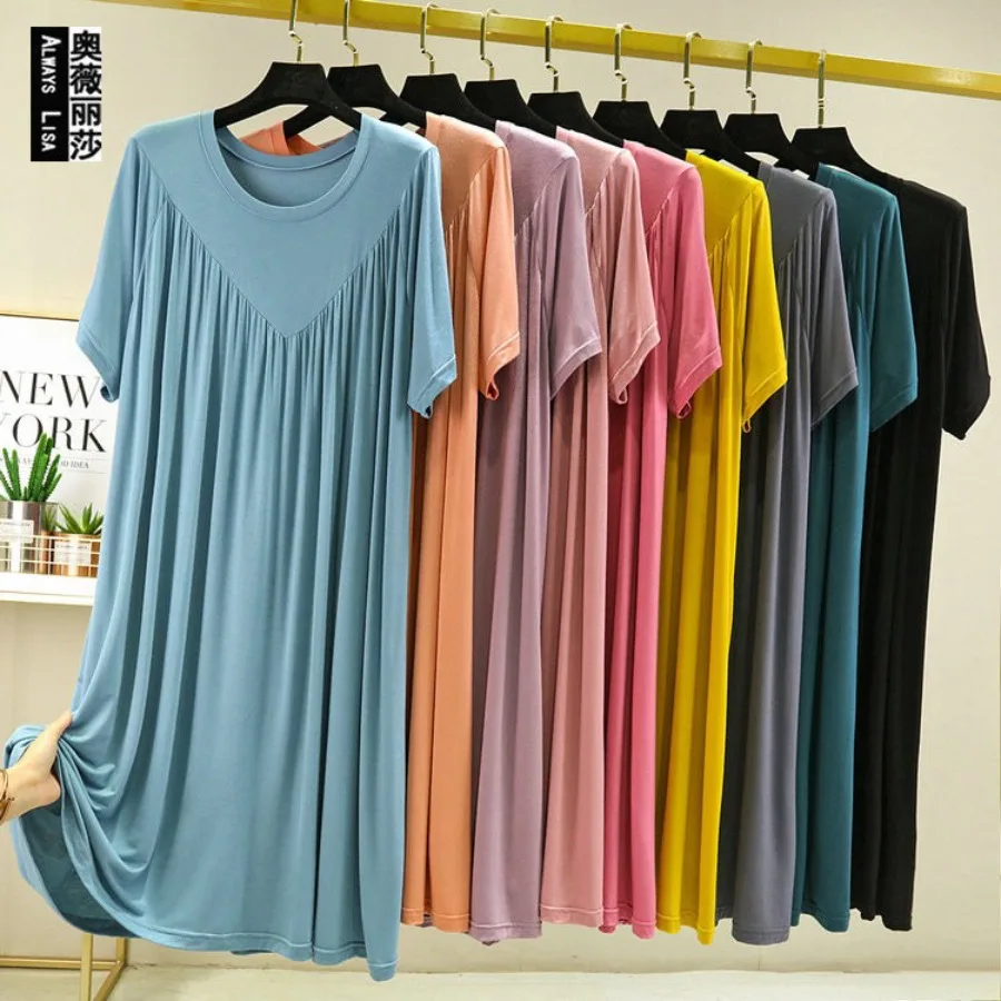 

【New style】Summer thin modal loose large-size dress solid color nightdress women's fatter and enlarged outer wear pleated A-lin