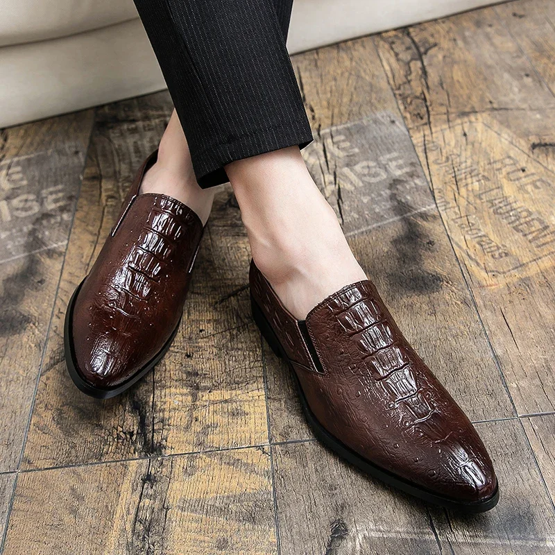 

New Men Formal Shoes Loafers Pointed Toe Slip-On Crocodile Pattern Mens Dress Shoes Size 38-48 Men Shoes