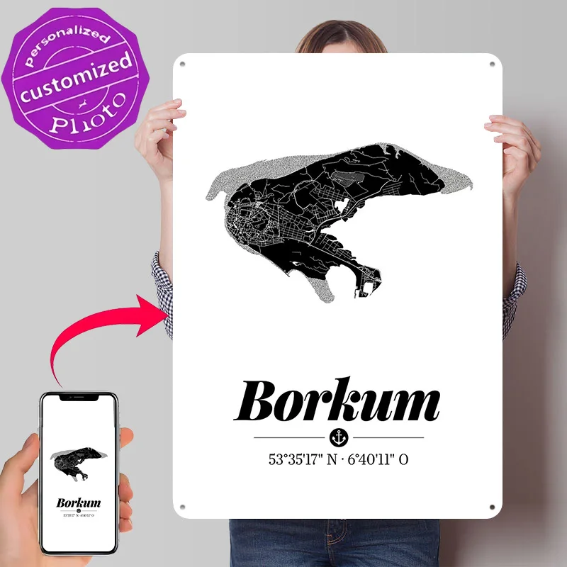 Металлический постер Borkum Design Map – идеальный подарок для фанатов и любителей, персонализированное настенное искусство, металлическая табличка для декора стен, украшение для дома.