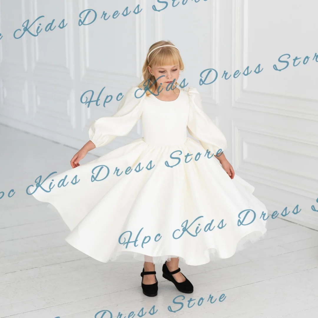 Custom White Satin Flower Girl Dress Long Puff Sleeves Tulle Skirt for First Communion Wedding