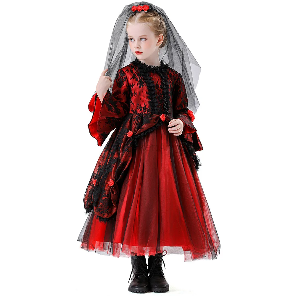 

Ghost Bride Gothic Catrina Costume Girls Cosplay Vampire Halloween Dress For Kids Vampiran Carnival Outfit Black Red Clothes