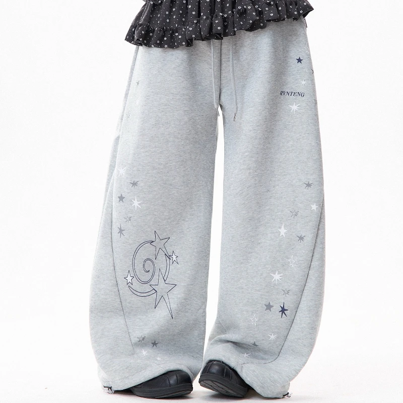 American Star Print Fleece-Lined Women's Casual Pants Winter New Design Loose Slimming Versatile Wide-Leg Long Trousers Ladies
