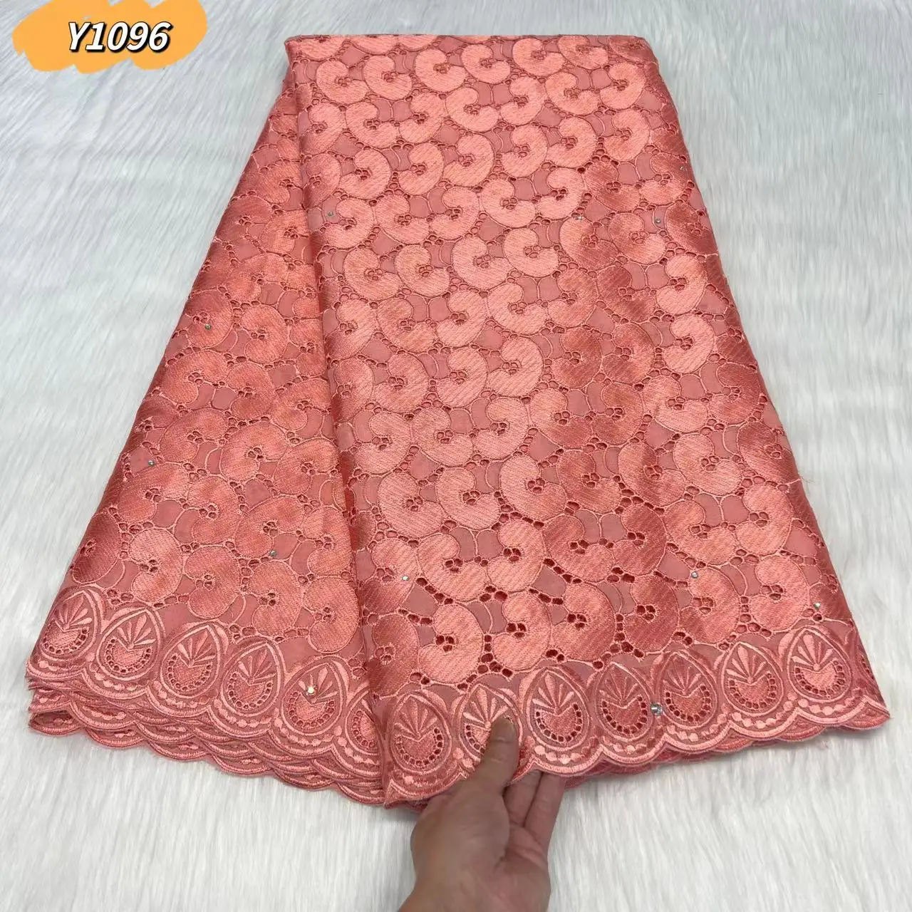 

2023 Peach French Swiss Voile 100% Cotton Lace Fabric High Quality Embroidery 5yards African Net Lace With Stones For Wedding