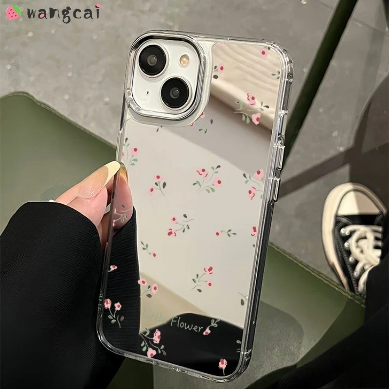 For iPhone 16 15 14 Plus 13 12 11 Pro Max XS Max XR X 7 8 Plus Phone Case Fresh Floral Mirror Cute Soft Makeup Cover
