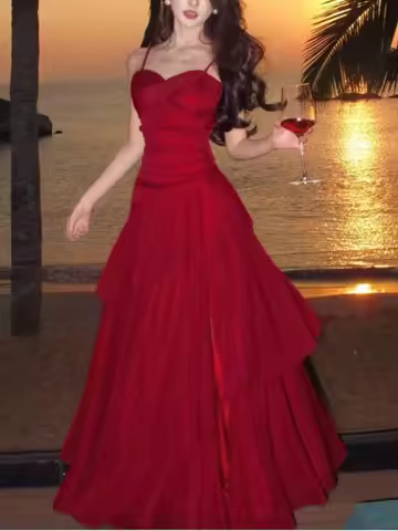 Red Heart Neck Spaghetti Strap Tiered Ruffle Evening Dress