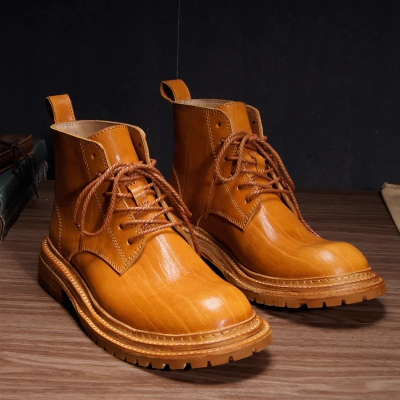 Hand-washed Texture Distressed Cow Leather High Top Boots Thick Sole Outdoor Walking Retro Male Footwear Work Shoes