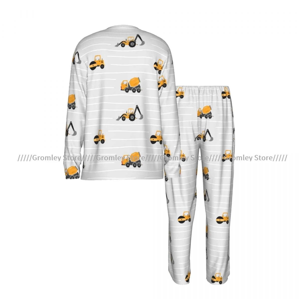 Men's Pajama Set Long Sleeve and Long Pants Yellow Heavy Construction Machines Soft Sleepwear for Home