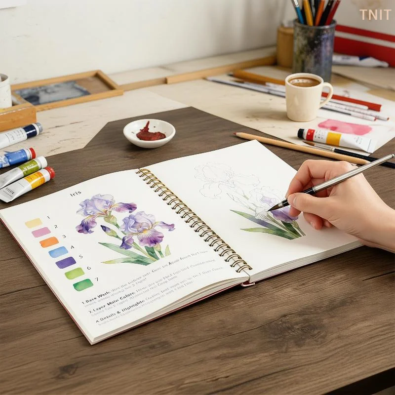 [J] Spiral Bound Watercolor Flower Workbook Thick Paper Easy Guides For Beginners Daily Art Practice