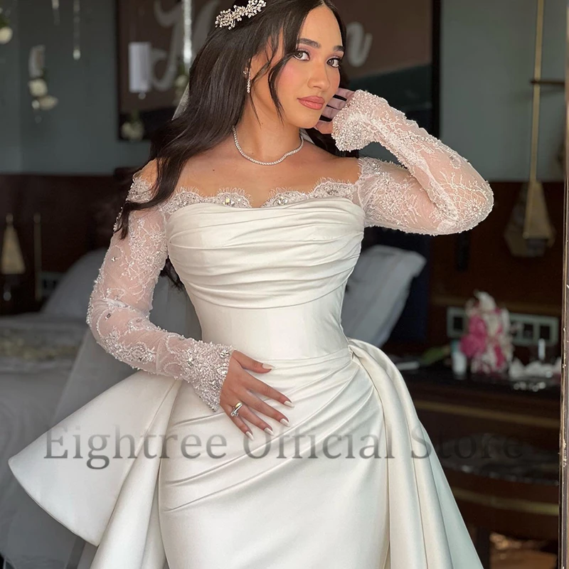 Eightree White Mermaid Wedding Dresses Formal Off The Shoulder Long Sleeve Bridal Dress Boho Beach Wedding Prom Gowns Customized