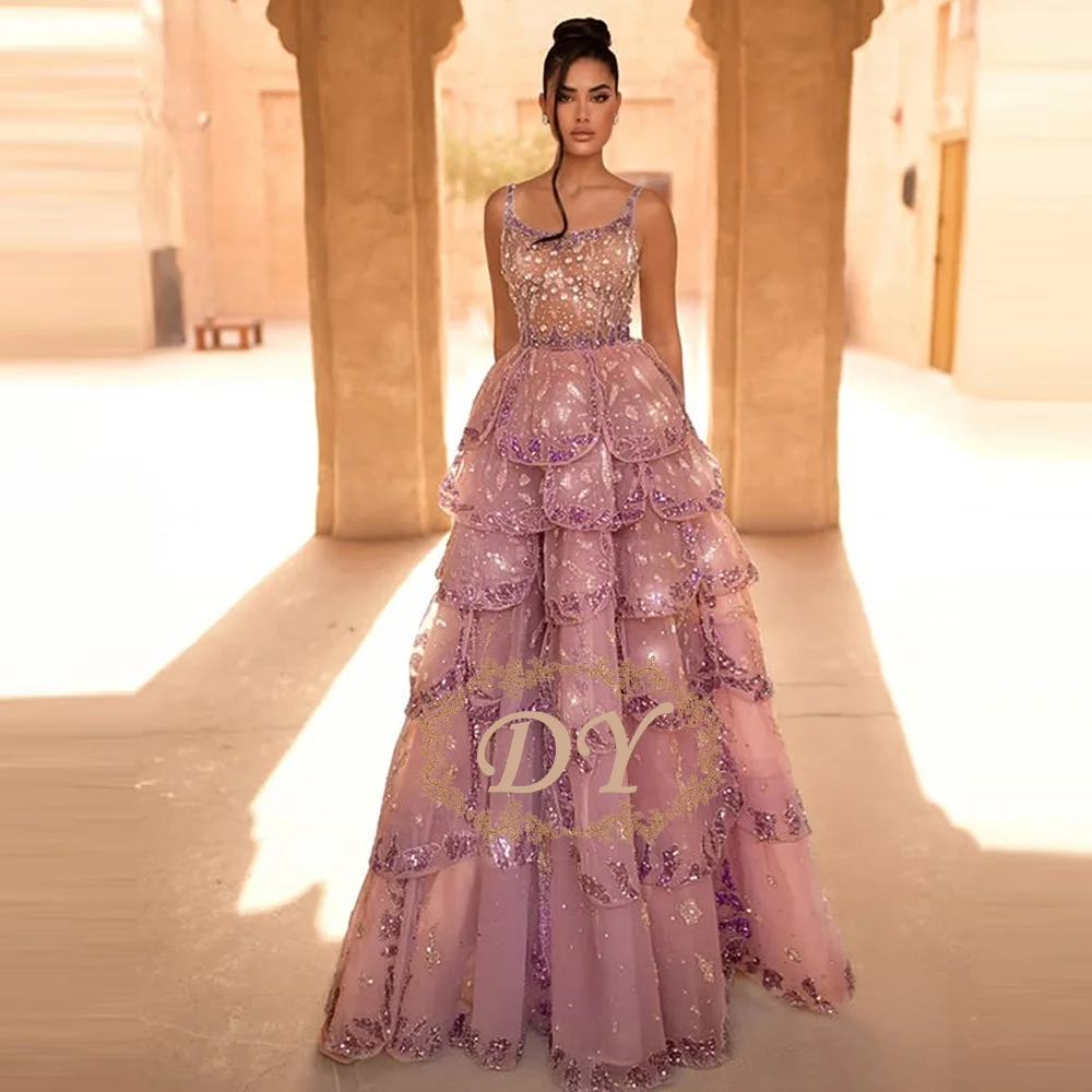 

DY Customized Women's A-Line Evening Dress Prom Dress Tiereed Skirt Floor-length Clothes Beaded Sparking Pink Prom Dress