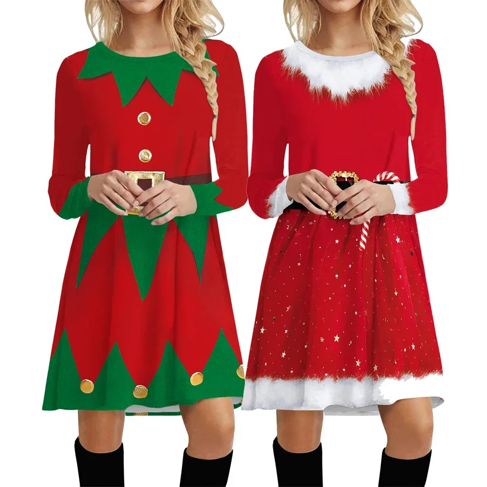 Fashion Women Santa Claus Elf Printed Long Sleeved Xmas Party Dress Up Christmas Carnival Holiday Sexy Winter Dresses Uniform