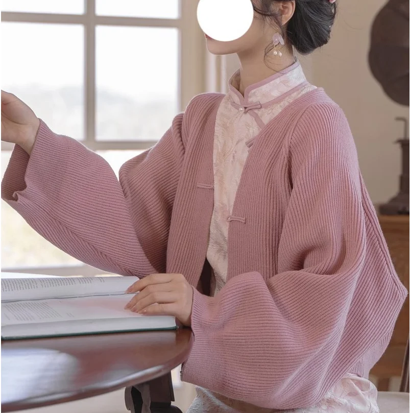 Vintage Knitted Cardigan Women's Half High Collar Short Sweater Coat Chinese Style Top Autumn And Winter Knitted Shrug