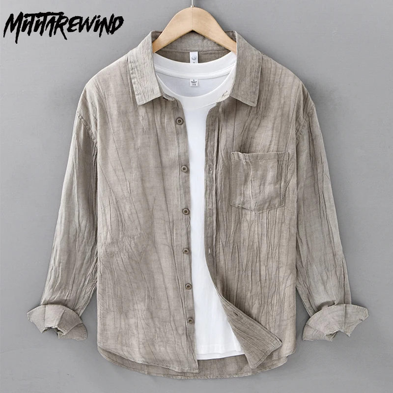 Summer 55% Linen Shirts for Man Beach Mens Tops Lapel Harajuku Retro Pleated Long Sleeve Shirts Lazy Style Breathable Clothing