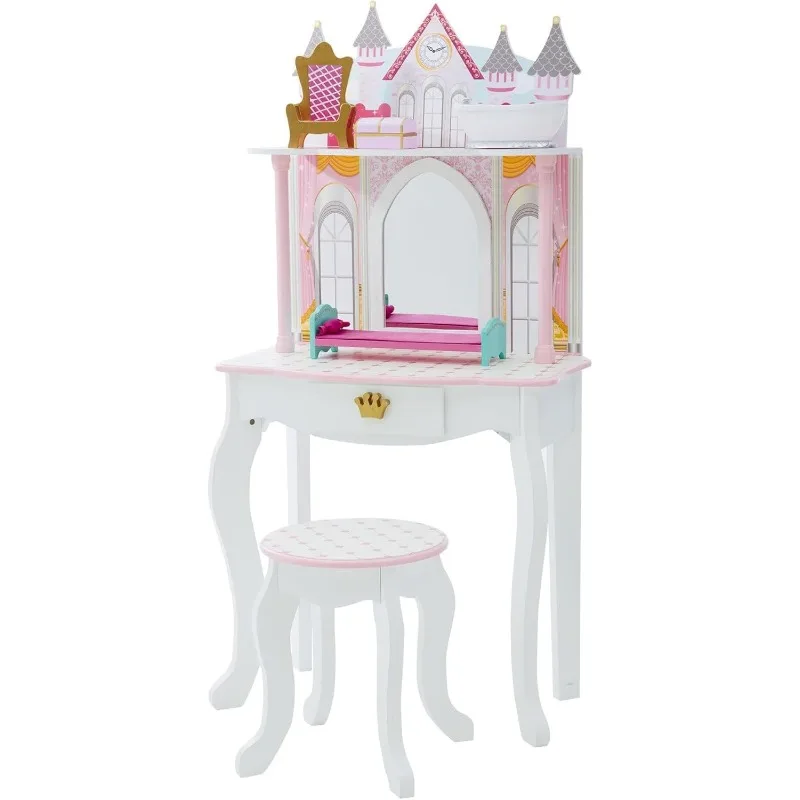 Dreamland Princess Play Vanity Set with Mirror, Shelf, Storage Drawer, Stool, and Accessories for 12