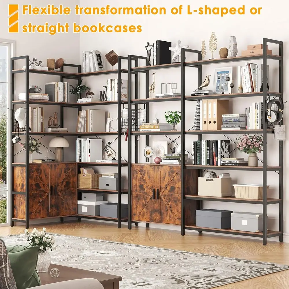 6-Tier Corner Bookshelf with Barn Doors and 10 Shelves, 71.3 Tall Convertible Bookcase with Storage Cabinet, Large L-Shaped Book view 3
