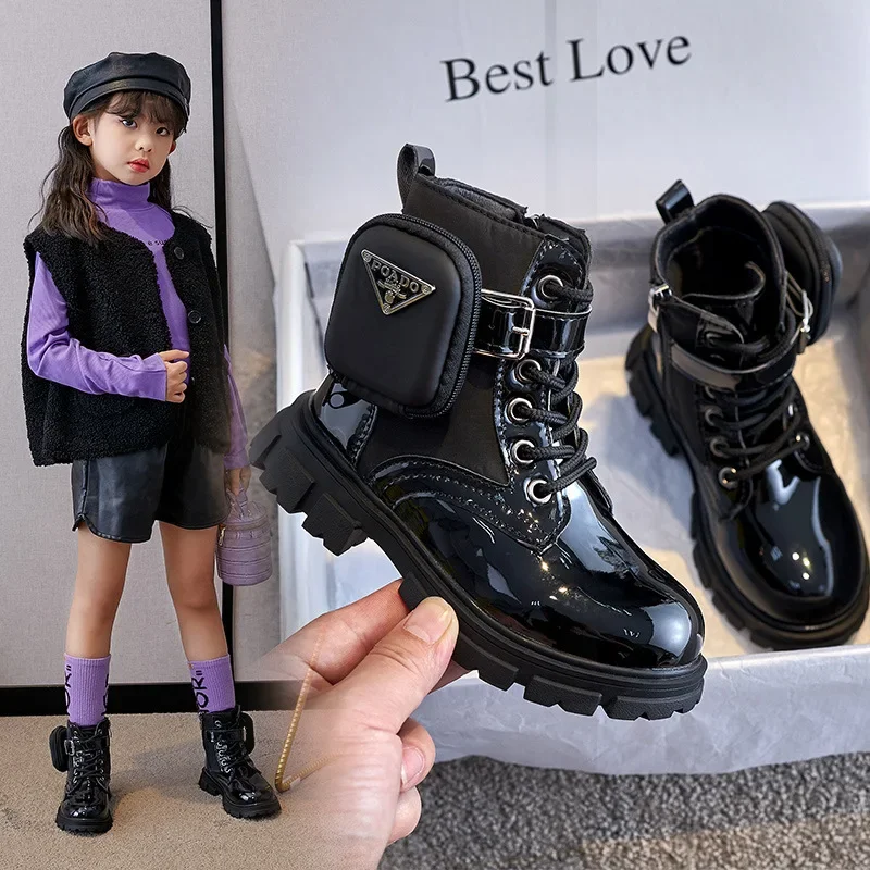 Kids Boots Fashion Patent Leather Girl Shoes British Style Ankle Boots Warm Plush Snow Boot Waterproof Non-slip Children's Shoes