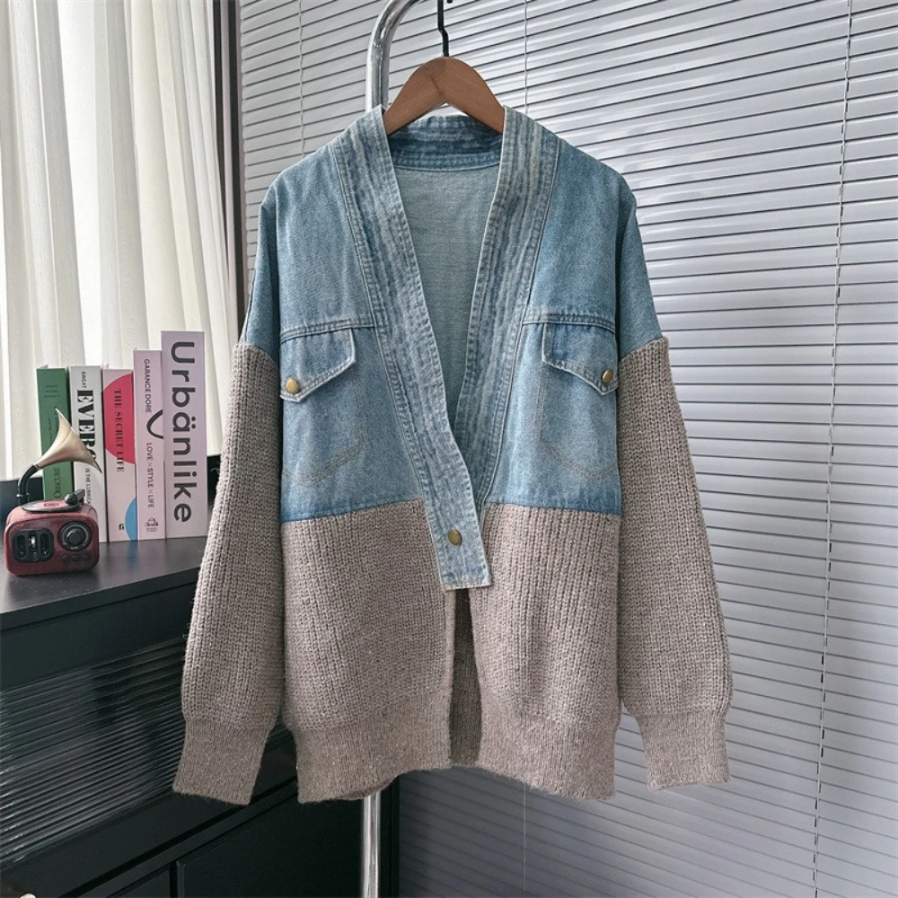 Cardigan en tricot patchwork en denim de style coréen pour femme, veste pull surdimensionnée et chic, inspirée du designer, tendance, automne et hiver