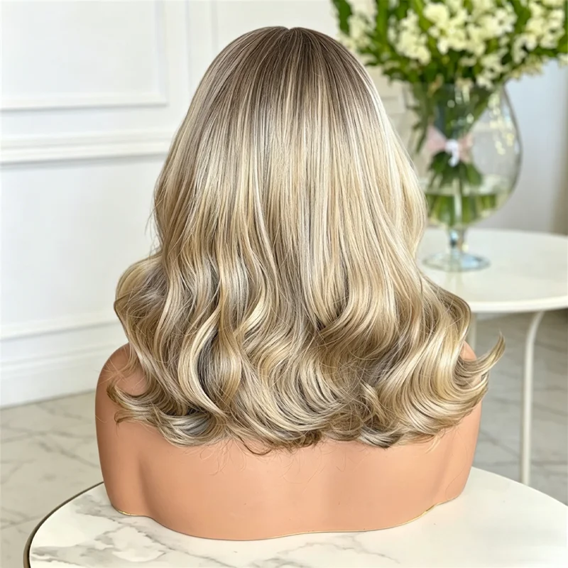 Ash Blonde Wig Lace Front 13x4 HD Synthetic Hair Glueless Natural Roots Loose Wave Short Bob Shoulder Wigs for Ladies Women